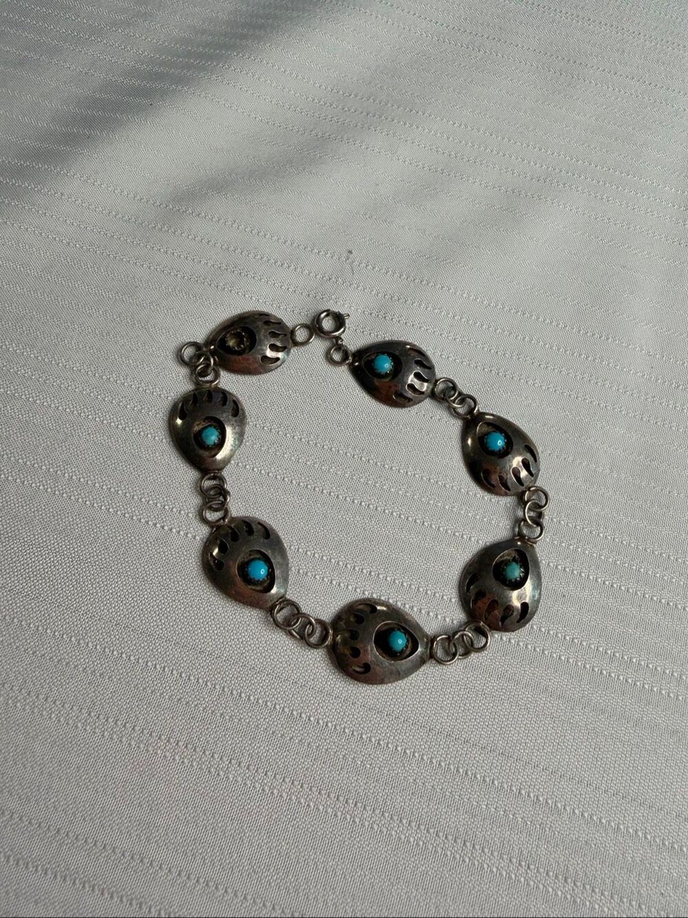 Navajo Indian Sterling Silver Turquoise Bear Paw Link Bracelet 8"
